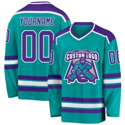 Custom Aqua Purple-White Hockey Jersey